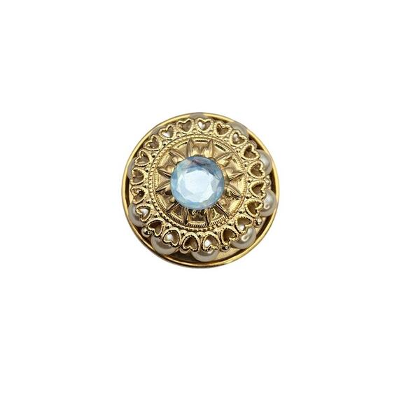 Vintage Gold Filigree Heart Brooch Blue Glass Stone & Faux Pearls - Picture 2 of 6